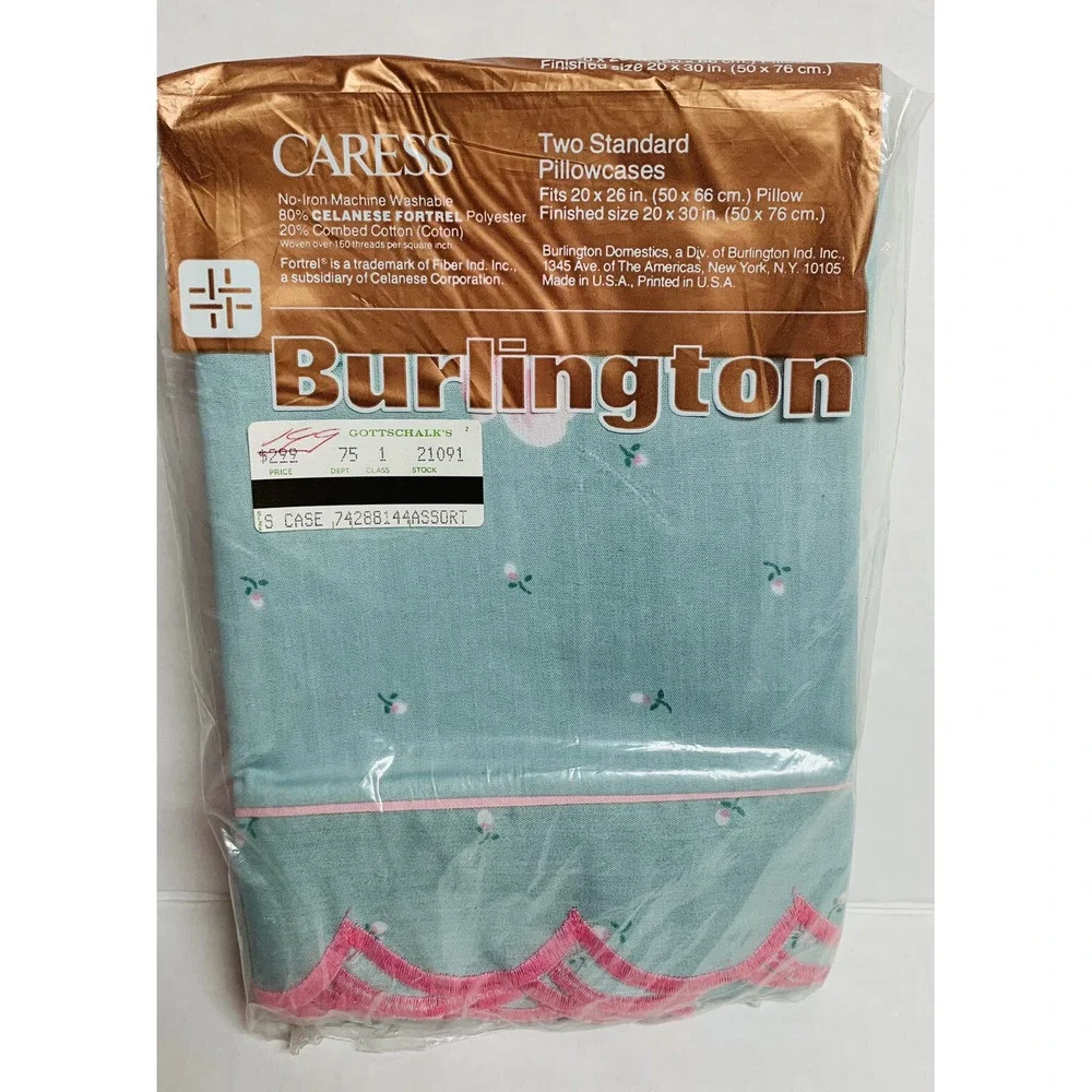 Vtg Caress Burlington No Iron 2 Standard Pillowcases Pretty Floral Made USA NOS